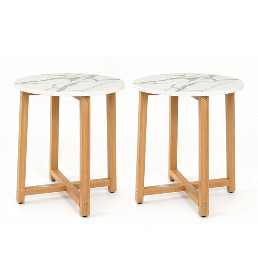 Pair of round end tables with faux marble tops and acacia wood legs, ideal for living room decor.