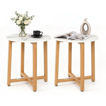 Pair of round end tables with faux marble tops and acacia wood legs, ideal for living room decor.