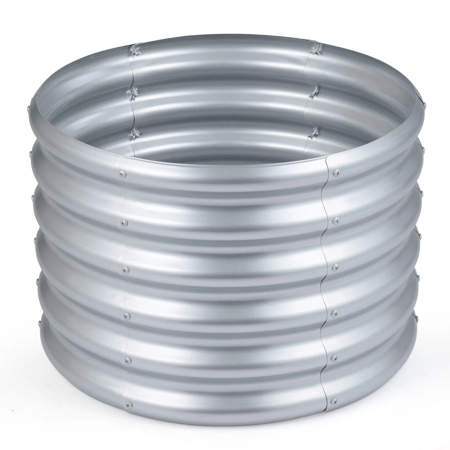 Round galvanized raised garden bed with open-ended base, perfect for outdoor gardening and durable metal construction.