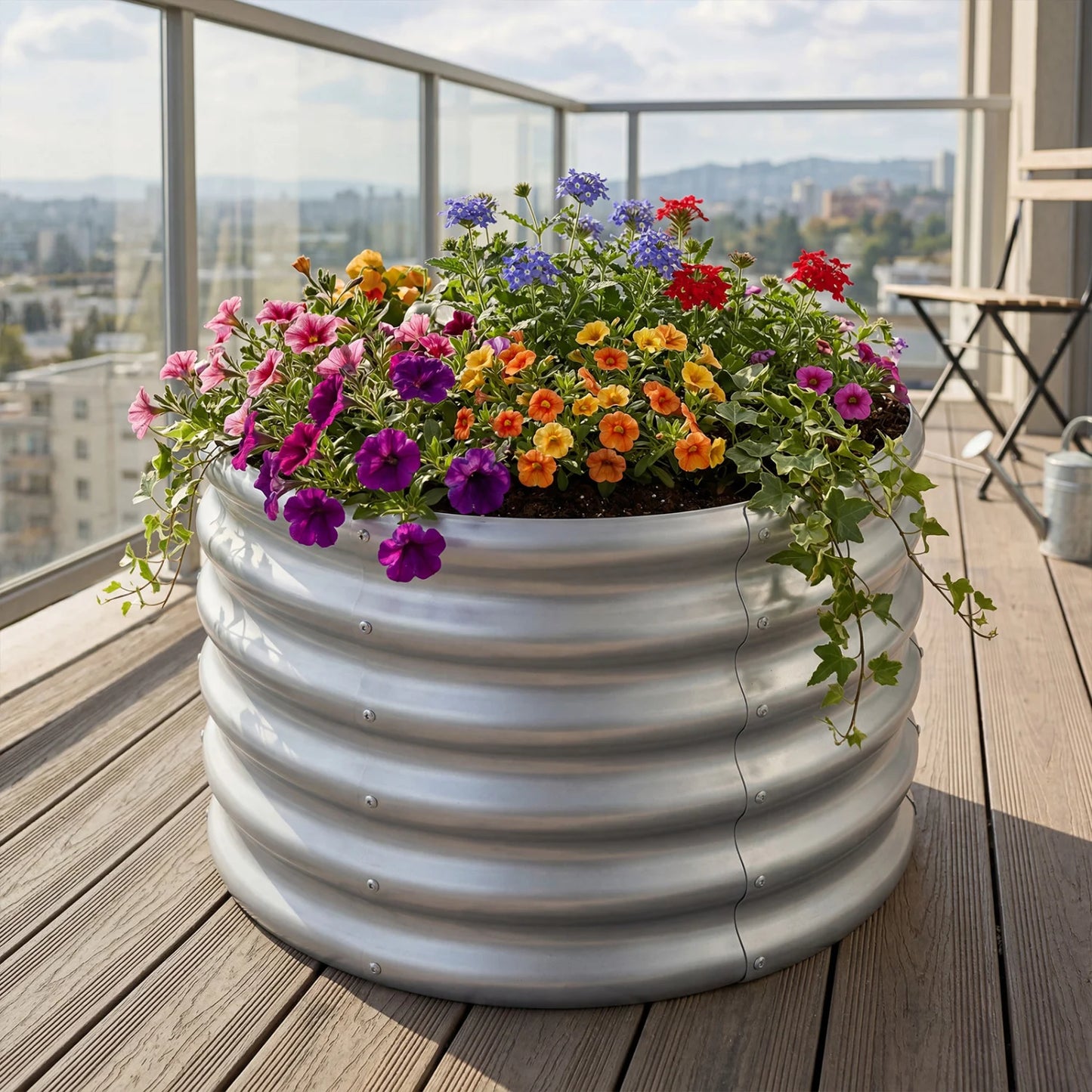Round galvanized raised garden bed with open-ended base, ideal for outdoor garden planting and easy access.