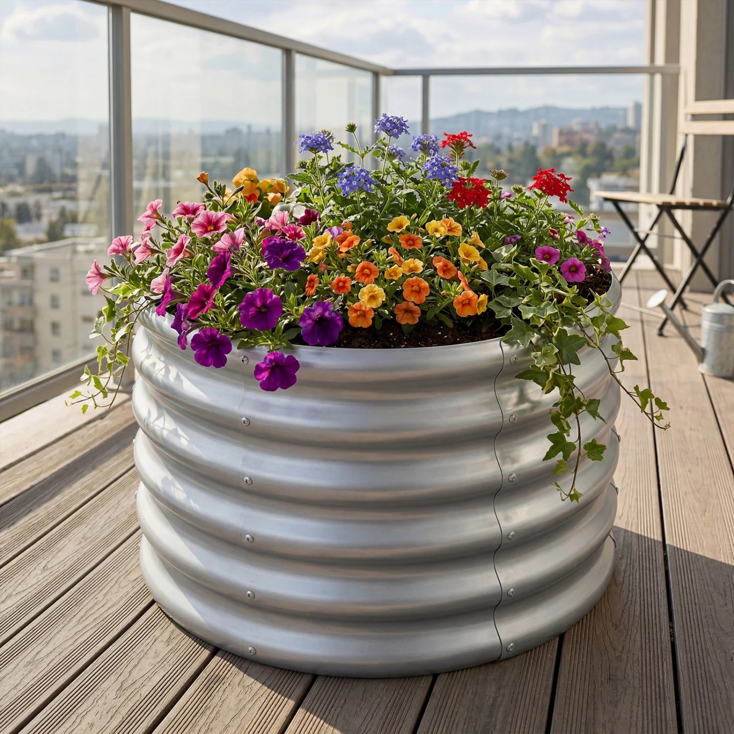 Round galvanized raised garden bed with open-ended base, ideal for outdoor garden planting and easy access.