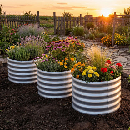 Round galvanized raised garden bed with open-ended base, ideal for outdoor gardening and easy installation.