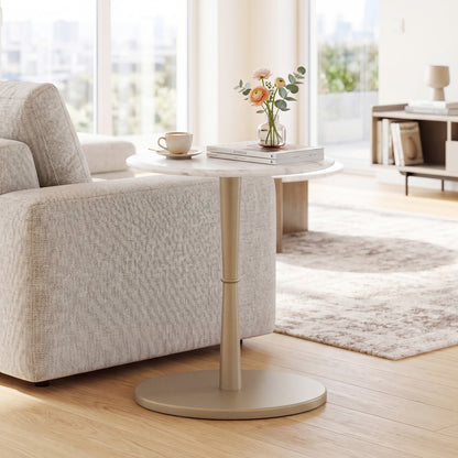 Round Marble Side Table with Stone Finish and Wooden Base for Small Spaces-White and Gold