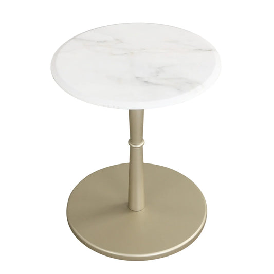 Round Marble Side Table with Stone Finish and Wooden Base for Small Spaces-White and Gold