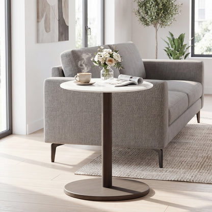 Round marble side table with black and white stone finish and wooden accents, ideal as a living room end or pedestal table.