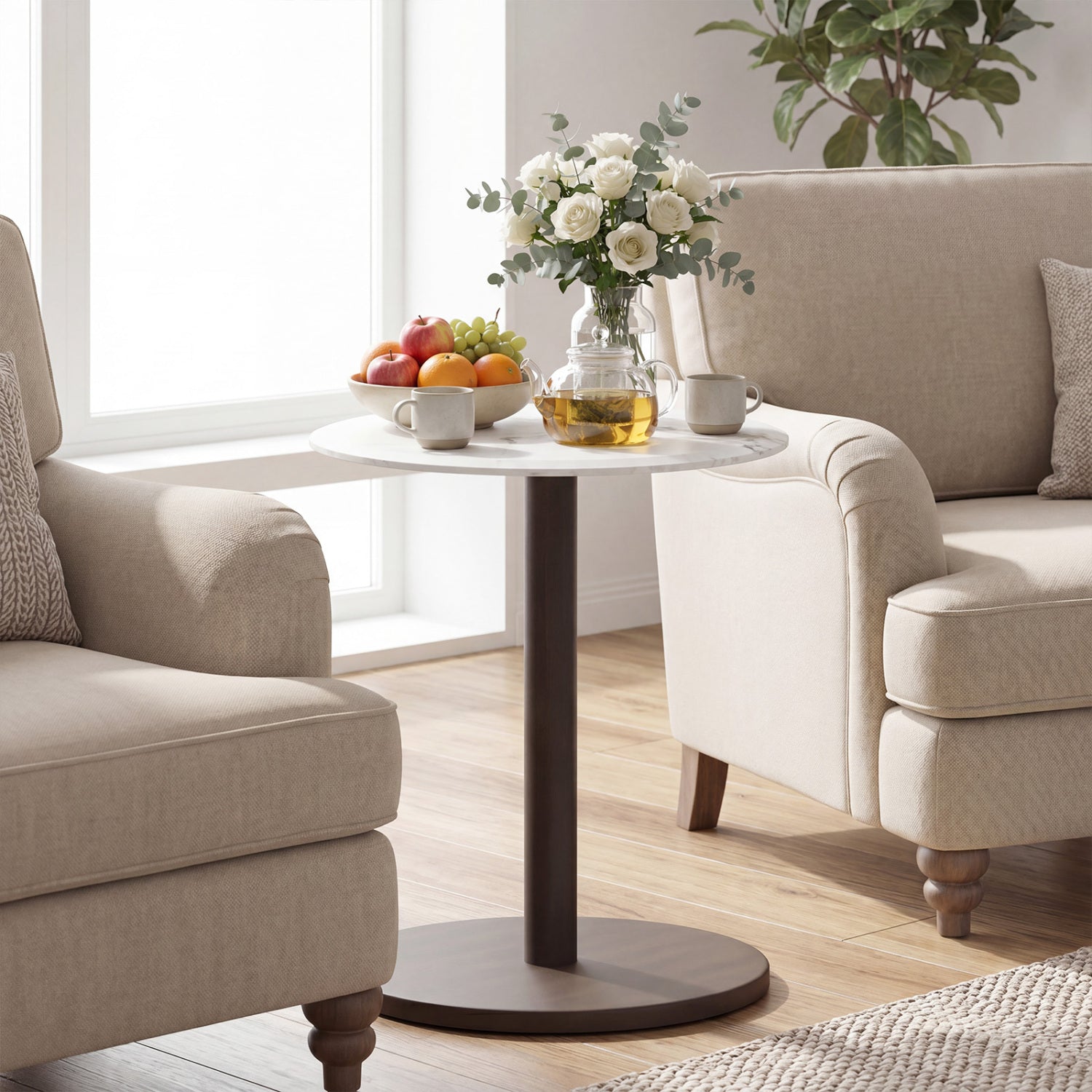 Round marble side table with black and white stone finish and wooden pedestal, ideal as an end table for living rooms.