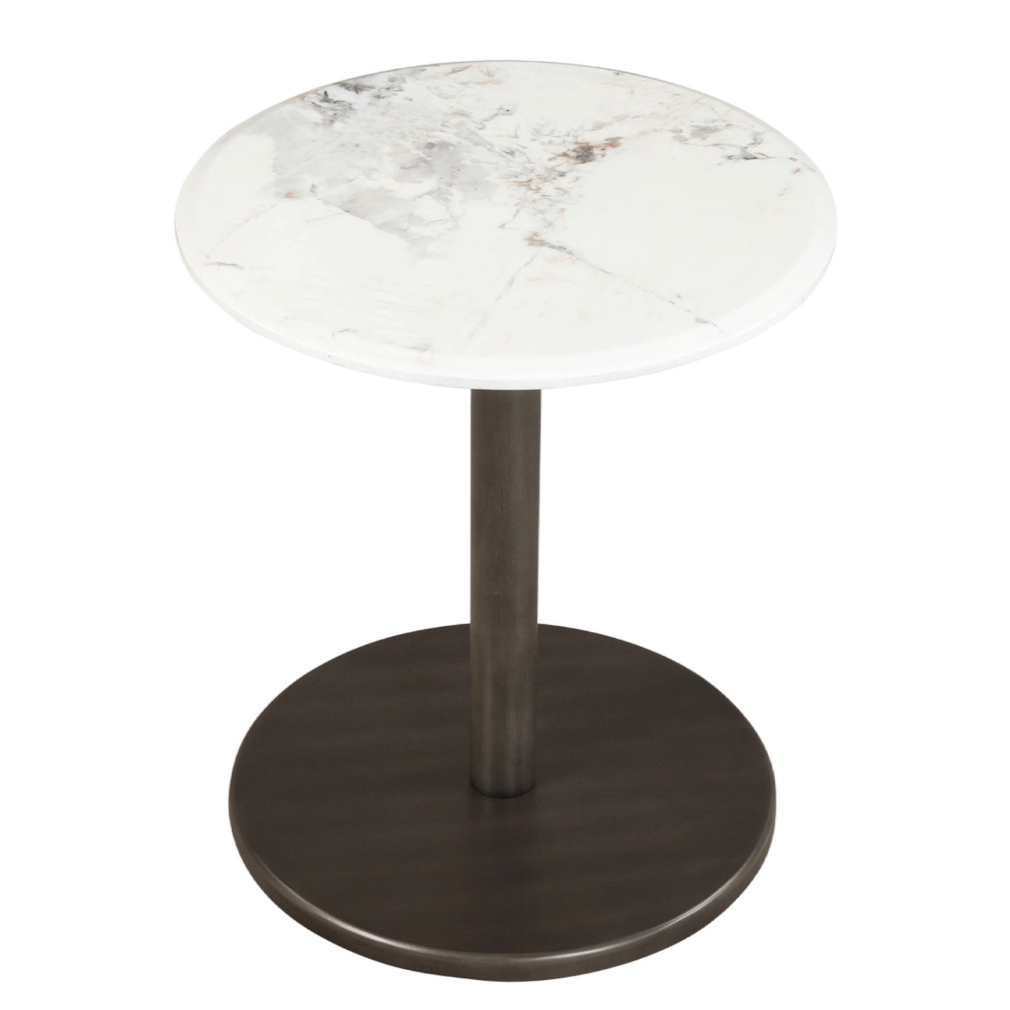 Round marble side table with wooden black and white finish, pedestal design, perfect for living room end or side table use.