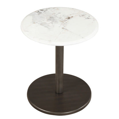Round marble side table with wooden black and white finish, pedestal design, perfect for living room end or side table use.