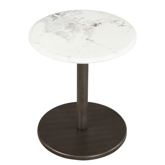 Round Marble Side Table Pedestal End Table with Stone Finish and Wooden-Black & White