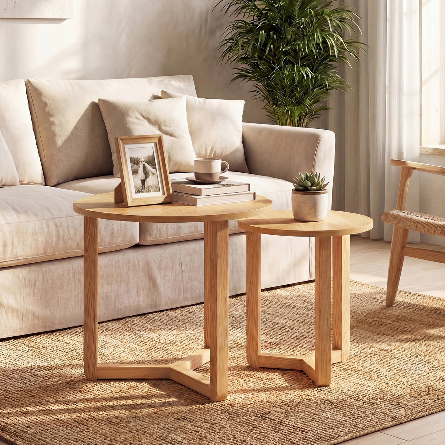 Round Nesting Coffee Table Set of 2 Wood Nesting End Tables with Thickened Top-Natural
