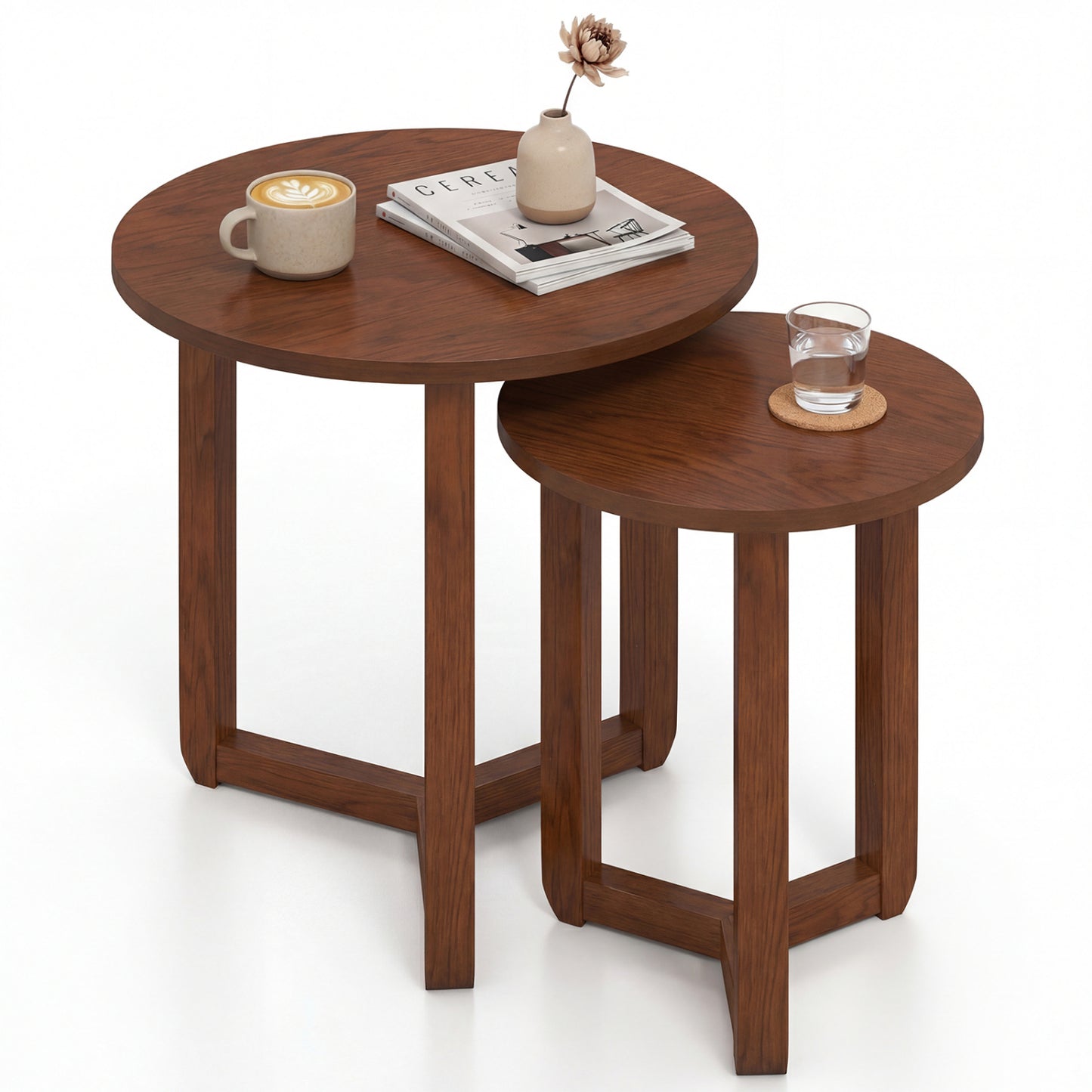 Round Nesting Coffee Table Set of 2 Wood Nesting End Tables with Thickened Top-Natural