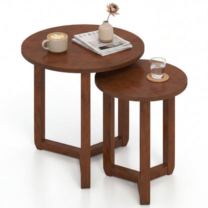 Round Nesting Coffee Table Set of 2 Wood Nesting End Tables with Thickened Top-Natural