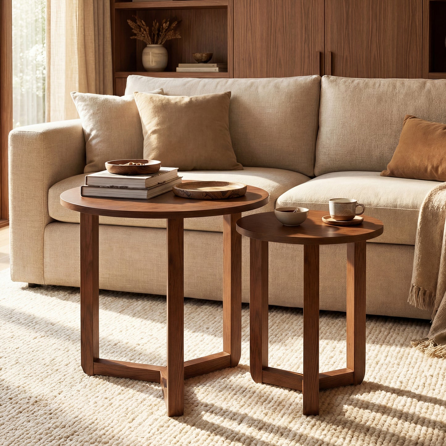 Round Nesting Coffee Table Set of 2 Wood Nesting End Tables with Thickened Top-Natural