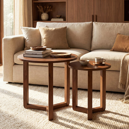 Round Nesting Coffee Table Set of 2 Wood Nesting End Tables with Thickened Top-Natural