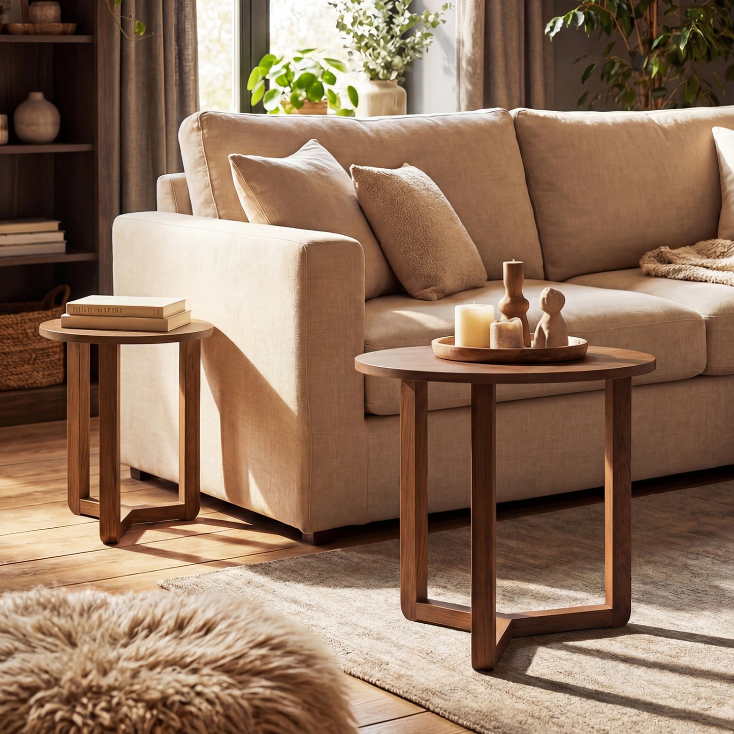 Round Nesting Coffee Table Set of 2 Wood Nesting End Tables with Thickened Top-Natural