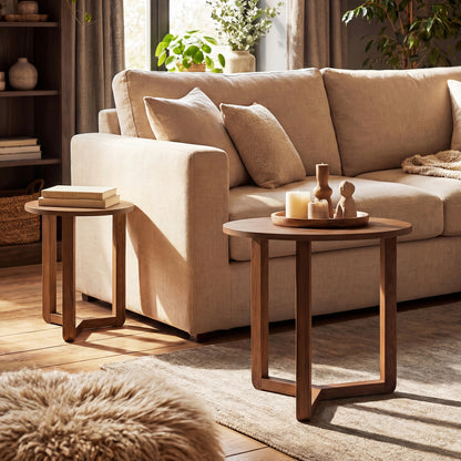Round Nesting Coffee Table Set of 2 Wood Nesting End Tables with Thickened Top-Natural