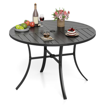 Black round patio dining table with metal slats and umbrella hole, 42.5 inches, ideal for outdoor patio dining.