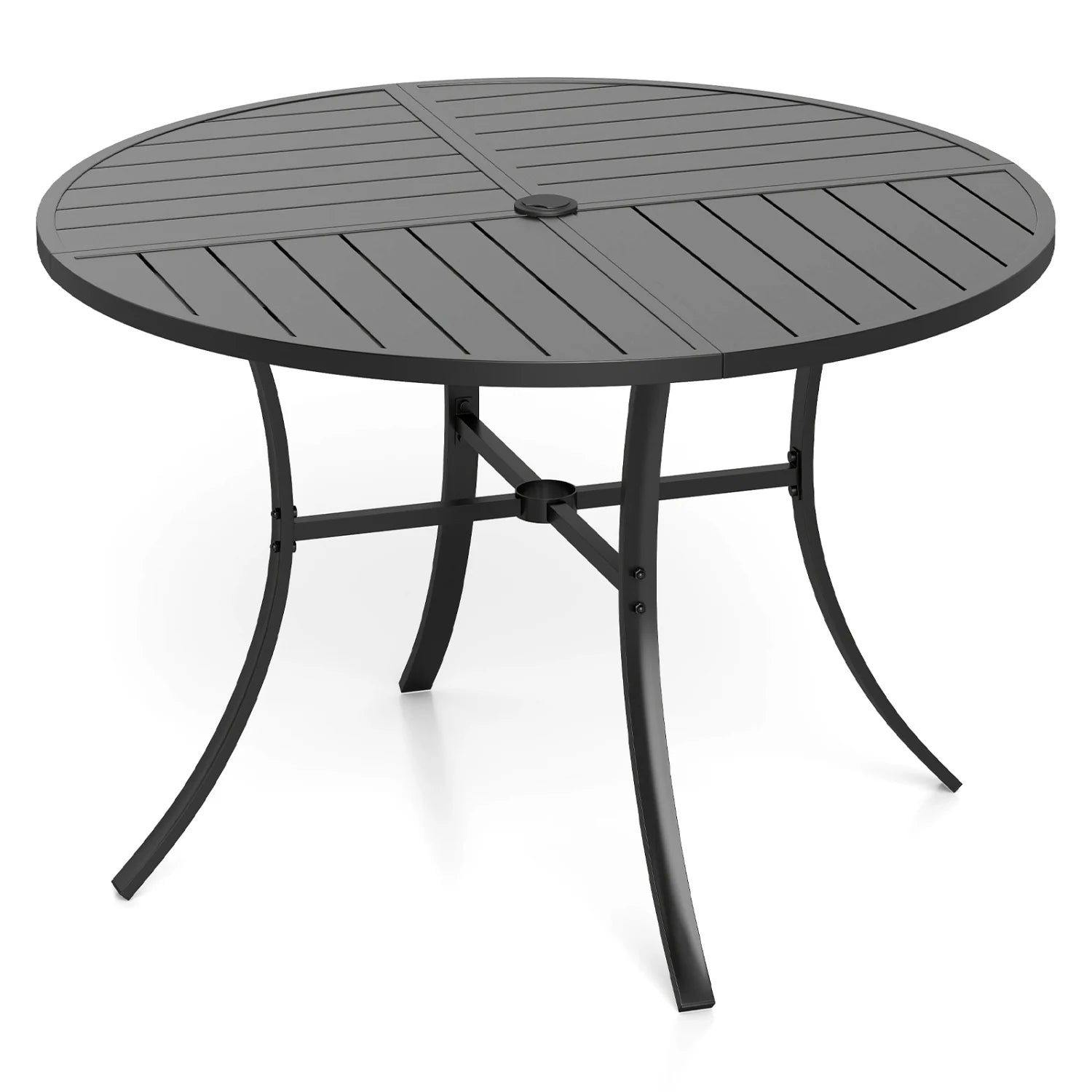 Black round patio dining table with metal slats and umbrella hole, 42.5 inches, ideal for outdoor patio dining.