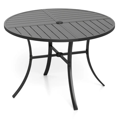 Black round patio dining table with metal slats and umbrella hole, 42.5 inches, ideal for outdoor patio dining.