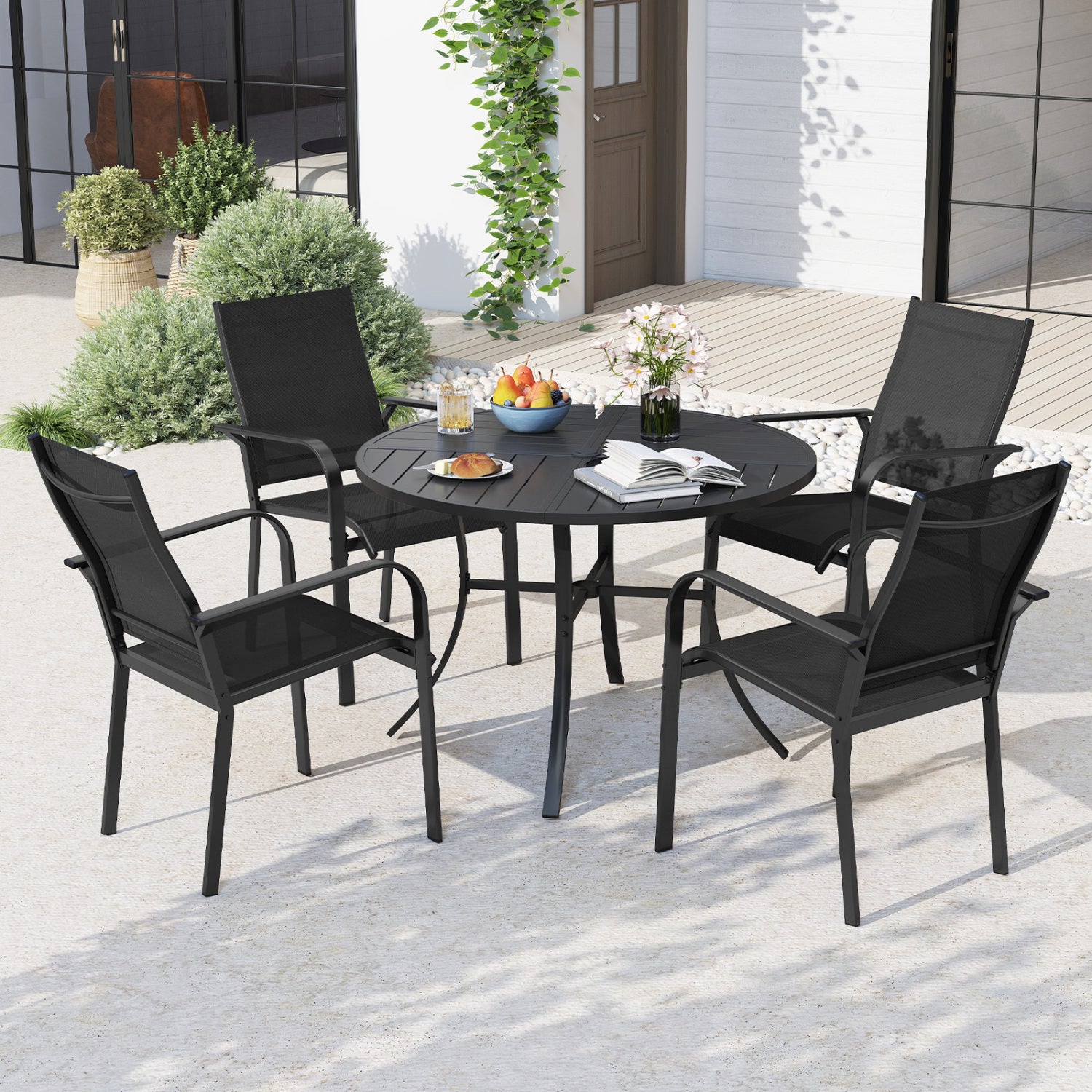 Black round patio dining table with metal slats, 42.5 inches, featuring a central umbrella hole for outdoor use.