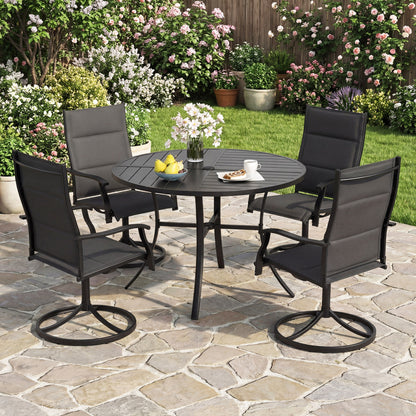 Black round patio dining table with metal slats and umbrella hole, 42.5 inches diameter for outdoor dining.