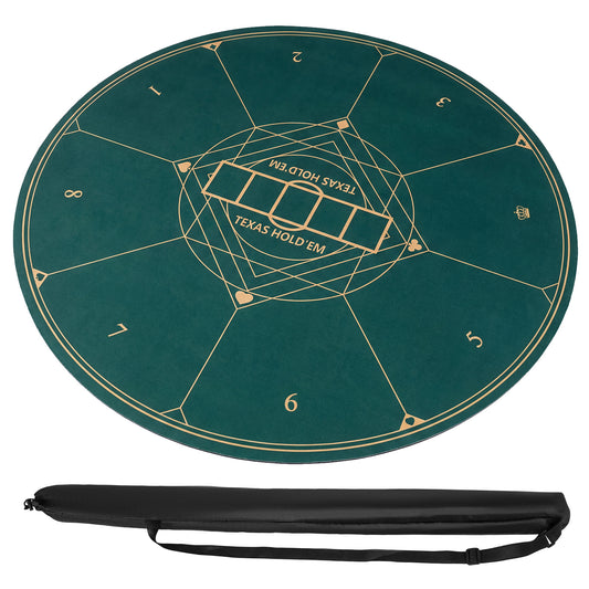 Green round poker mat for Texas Hold'em with anti-slip rubber base, 40-inch foldable table layout for game room play.