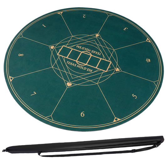 Green round poker mat for Texas Hold'em with anti-slip rubber base, 55-inch foldable table layout for game rooms.