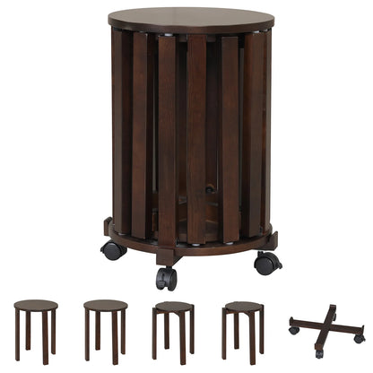 Round Portable Wood Nesting Stools with Locking Casters-Walnut