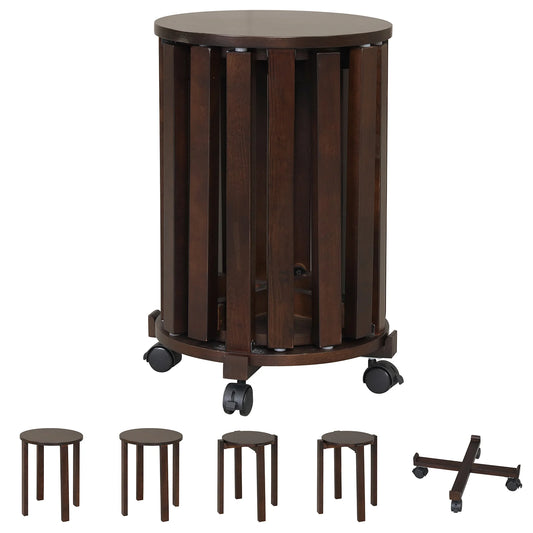 Round Portable Wood Nesting Stools with Locking Casters-Walnut