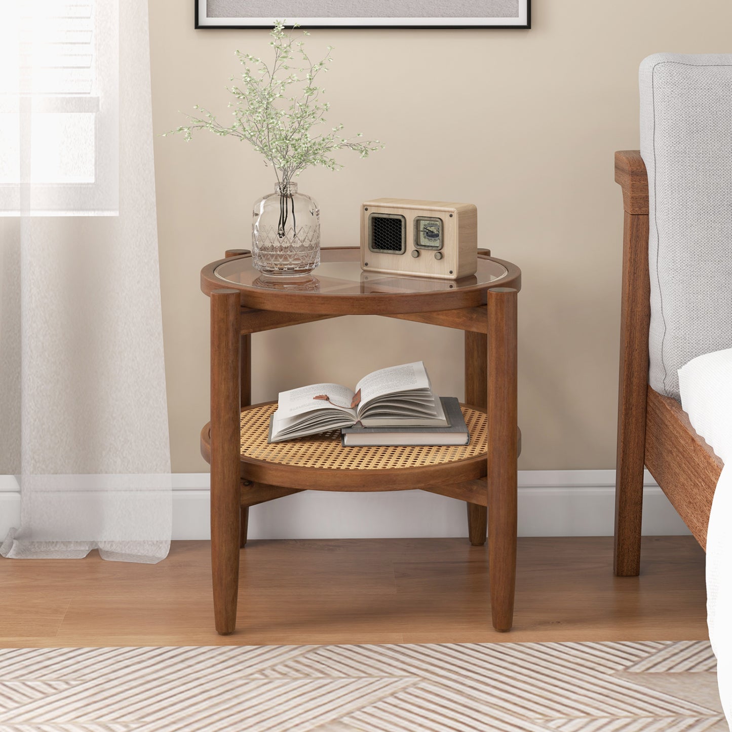 Black rattan round side end table with tempered glass tabletop, modern furniture for living room by Wilsons Home Store