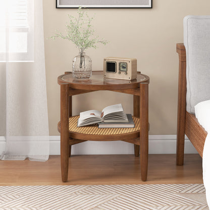 Black rattan round side end table with tempered glass tabletop, modern furniture for living room by Wilsons Home Store