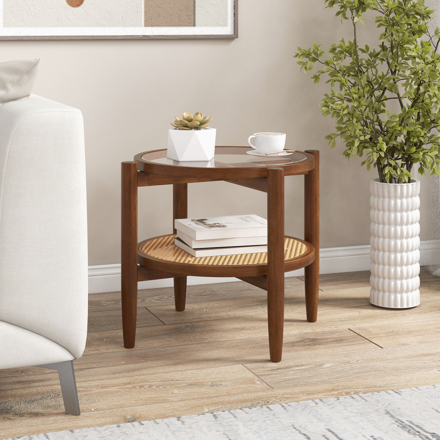 Black rattan round side end table with tempered glass tabletop, suitable for living room decor.