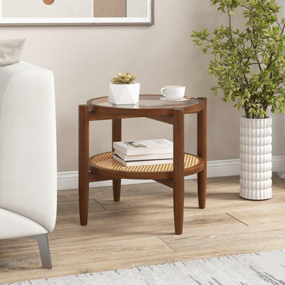 Black rattan round side end table with tempered glass tabletop, suitable for living room decor.