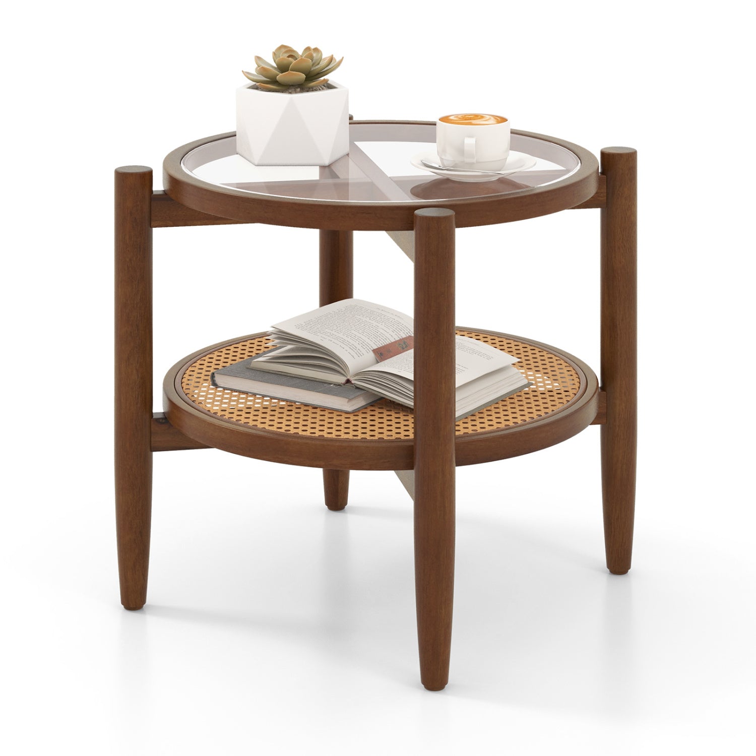 Black rattan round side end table with tempered glass tabletop, ideal for living room decor.