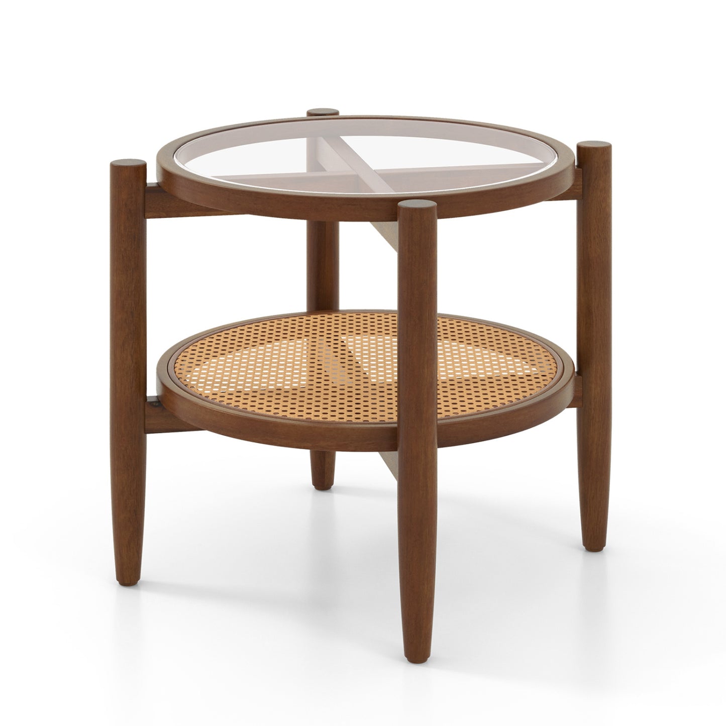 Round black rattan side end table with tempered glass tabletop, suitable for living room decor.