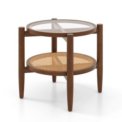 Round black rattan side end table with tempered glass tabletop, suitable for living room decor.