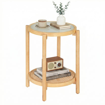 Round Side Table 2-Tier Boho End Table with Tempered Glass Top-Natural