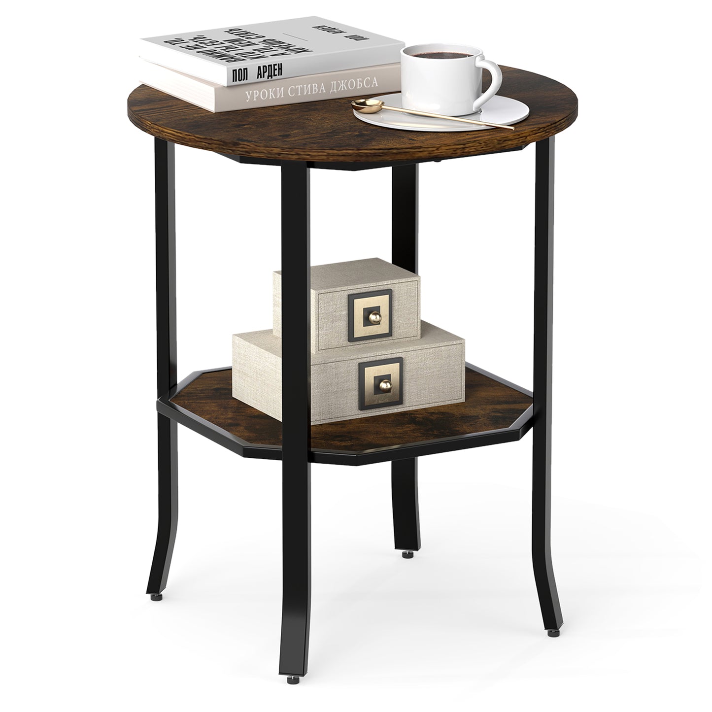 Round Side Table Small End Table with Storage Shelf 2-Tier Nightstand for Small Space-Black