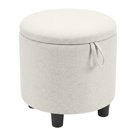 Round Storage Ottoman Linen Fabric Upholstered Footrest Stool-Beige