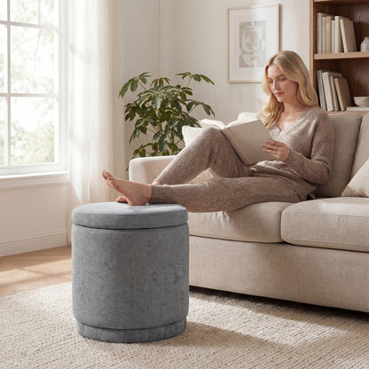 Round Storage Ottoman Foot Rest with Removable Lid and Acacia Wood Frame-Beige