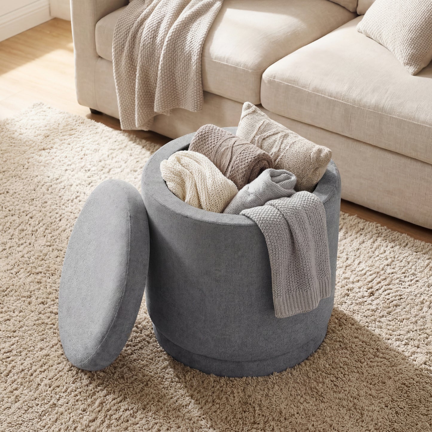 Round Storage Ottoman Foot Rest with Removable Lid and Acacia Wood Frame-Beige