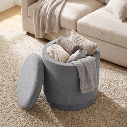 Round Storage Ottoman Foot Rest with Removable Lid and Acacia Wood Frame-Beige