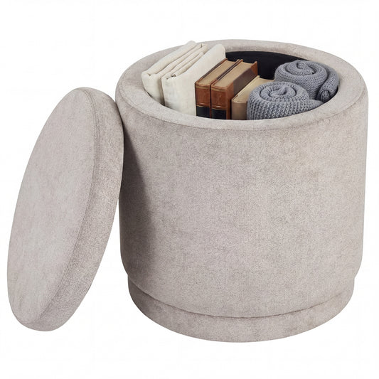 Round Storage Ottoman Foot Rest with Removable Lid and Acacia Wood Frame-Beige