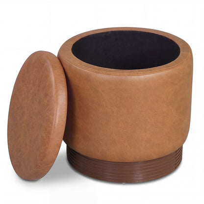 Round Storage Ottoman with Acacia Wood Frame for Living Room and Bedroom-Brown