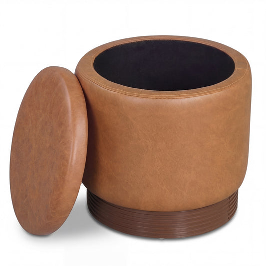 Round Storage Ottoman with Acacia Wood Frame for Living Room and Bedroom-Brown