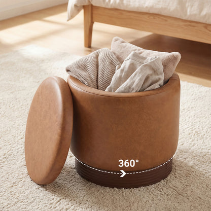 Round Storage Ottoman with Acacia Wood Frame for Living Room and Bedroom-Brown
