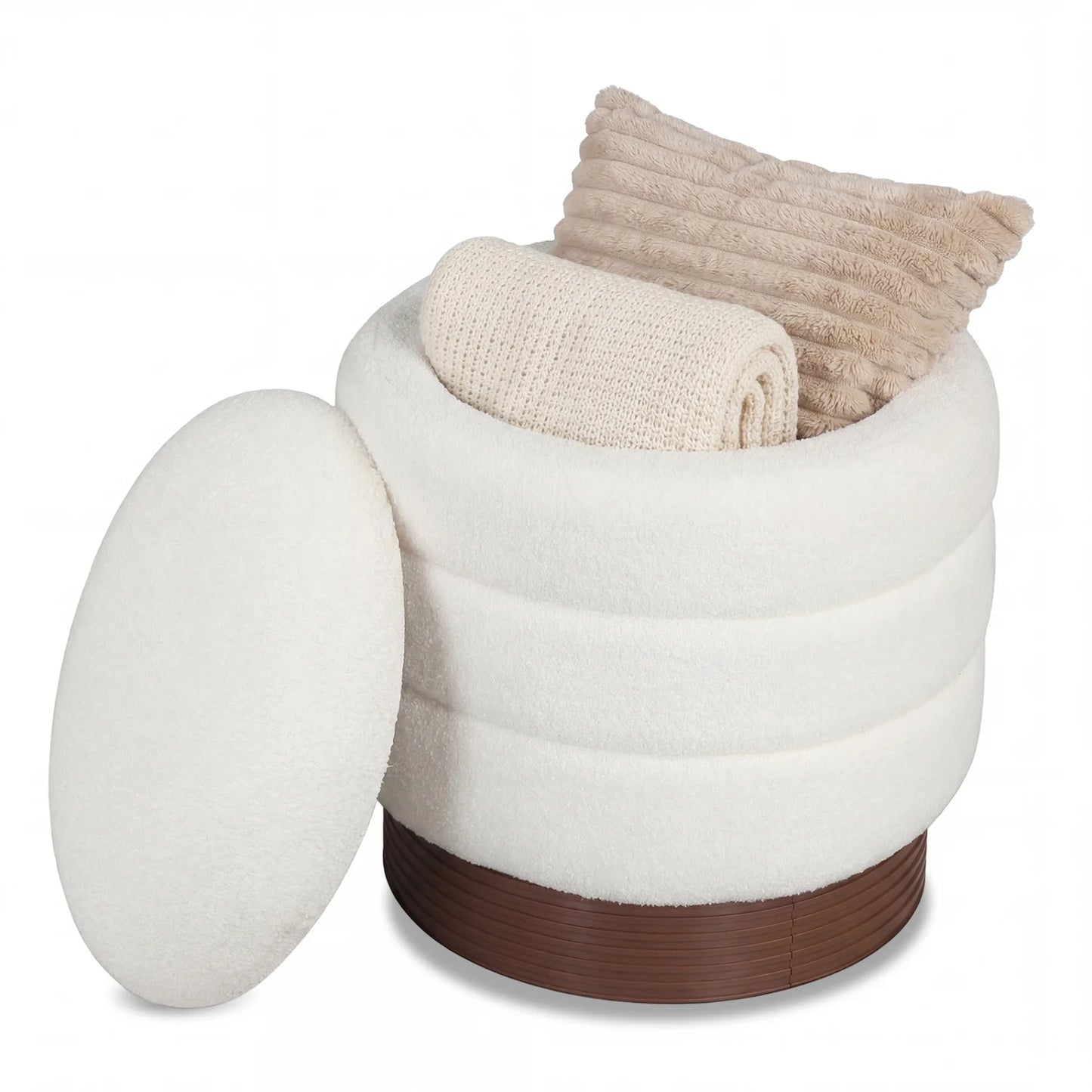 Round Storage Ottoman with Acacia Wood Frame for Living Room-Gray