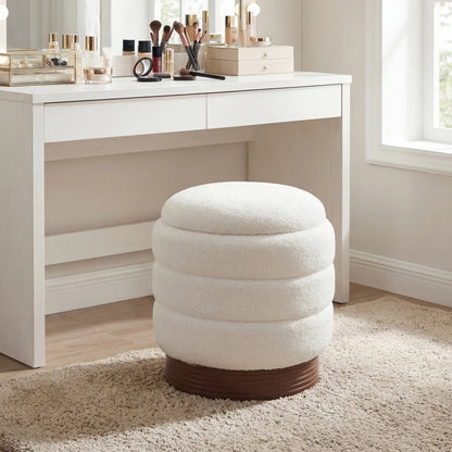 Round Storage Ottoman with Acacia Wood Frame for Living Room-Gray