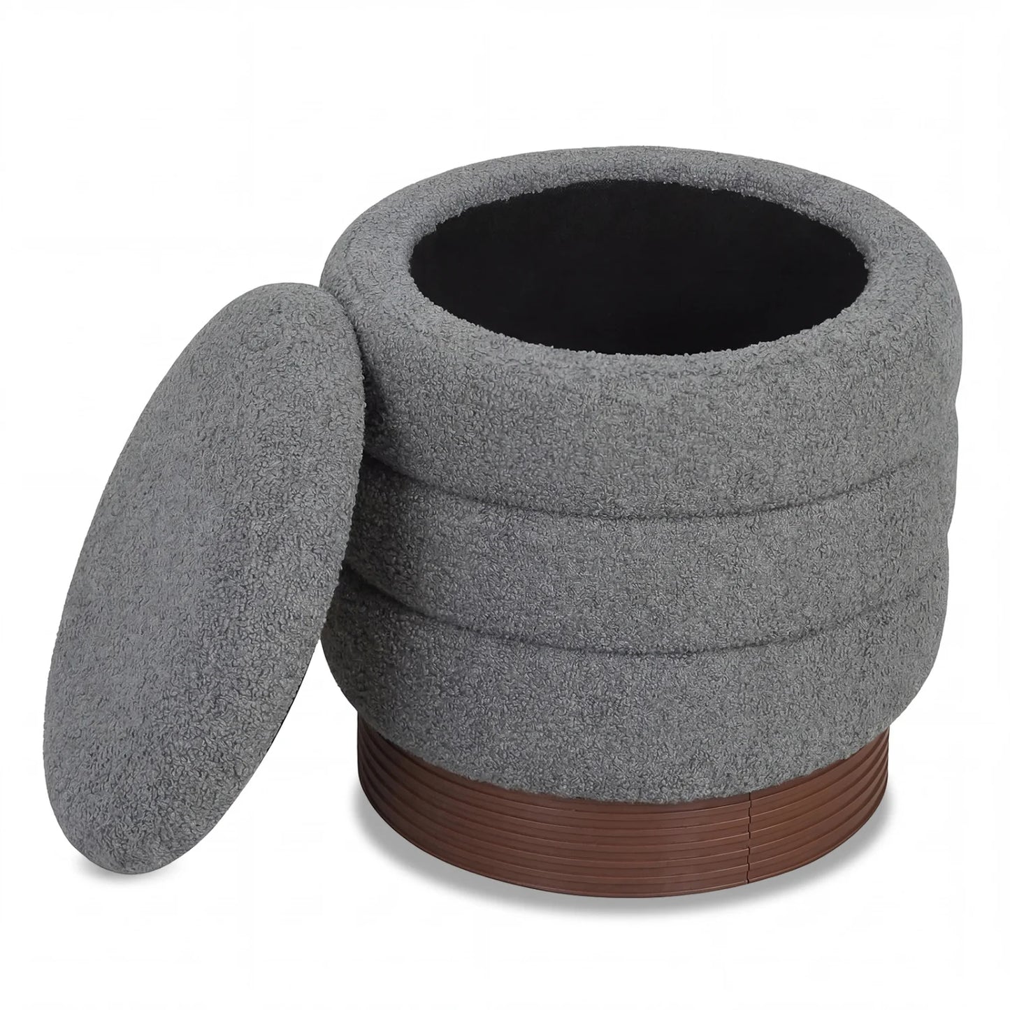 Round Storage Ottoman with Acacia Wood Frame for Living Room-Gray
