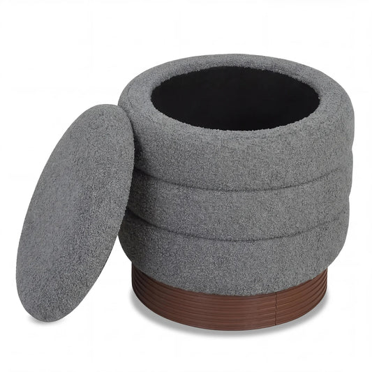Round Storage Ottoman with Acacia Wood Frame for Living Room-Gray